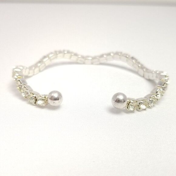 Vintage Wavy Rhinestone Bangle Bracelet, Silver Tone Cuff, Estate - Picture 3 of 7
